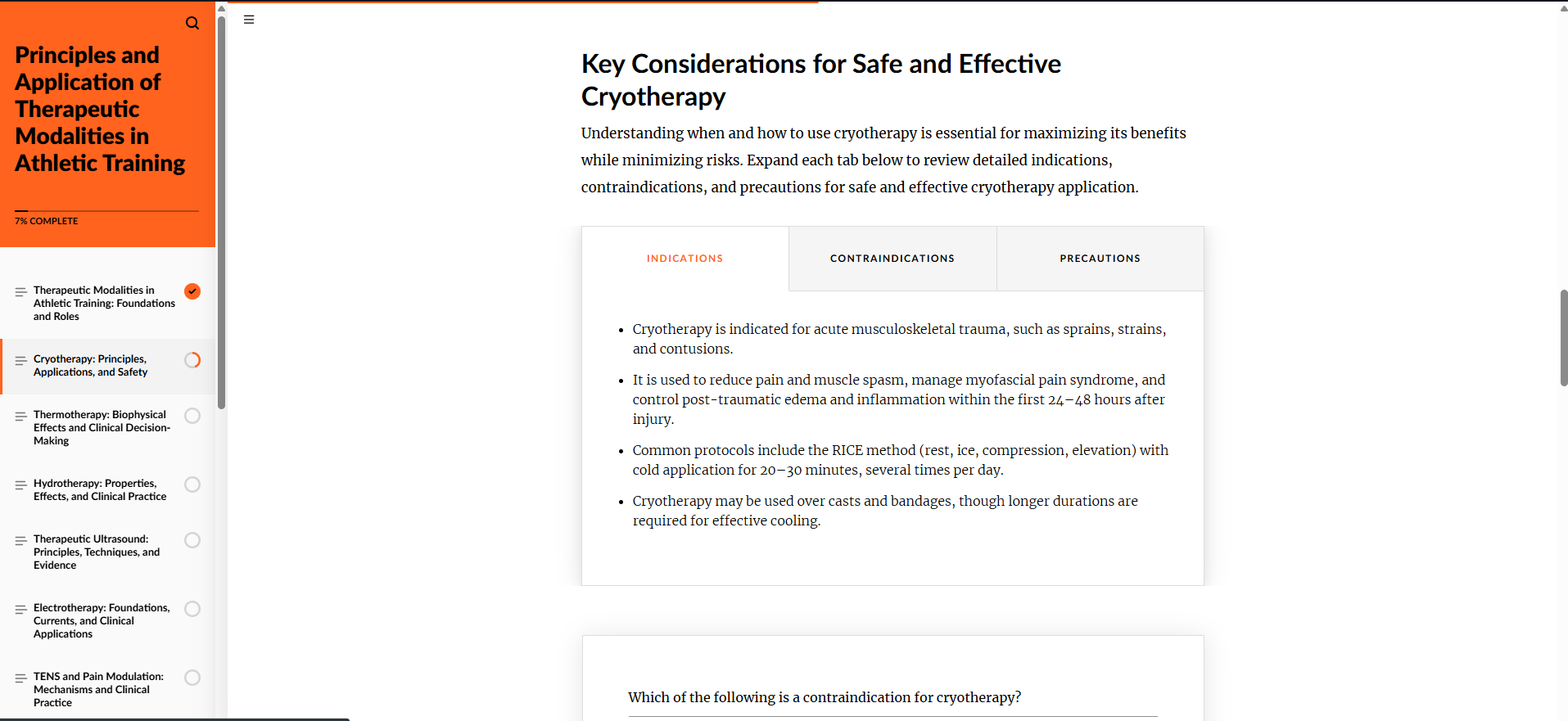 Module 2 — Cryotherapy indications, contraindications, and precautions